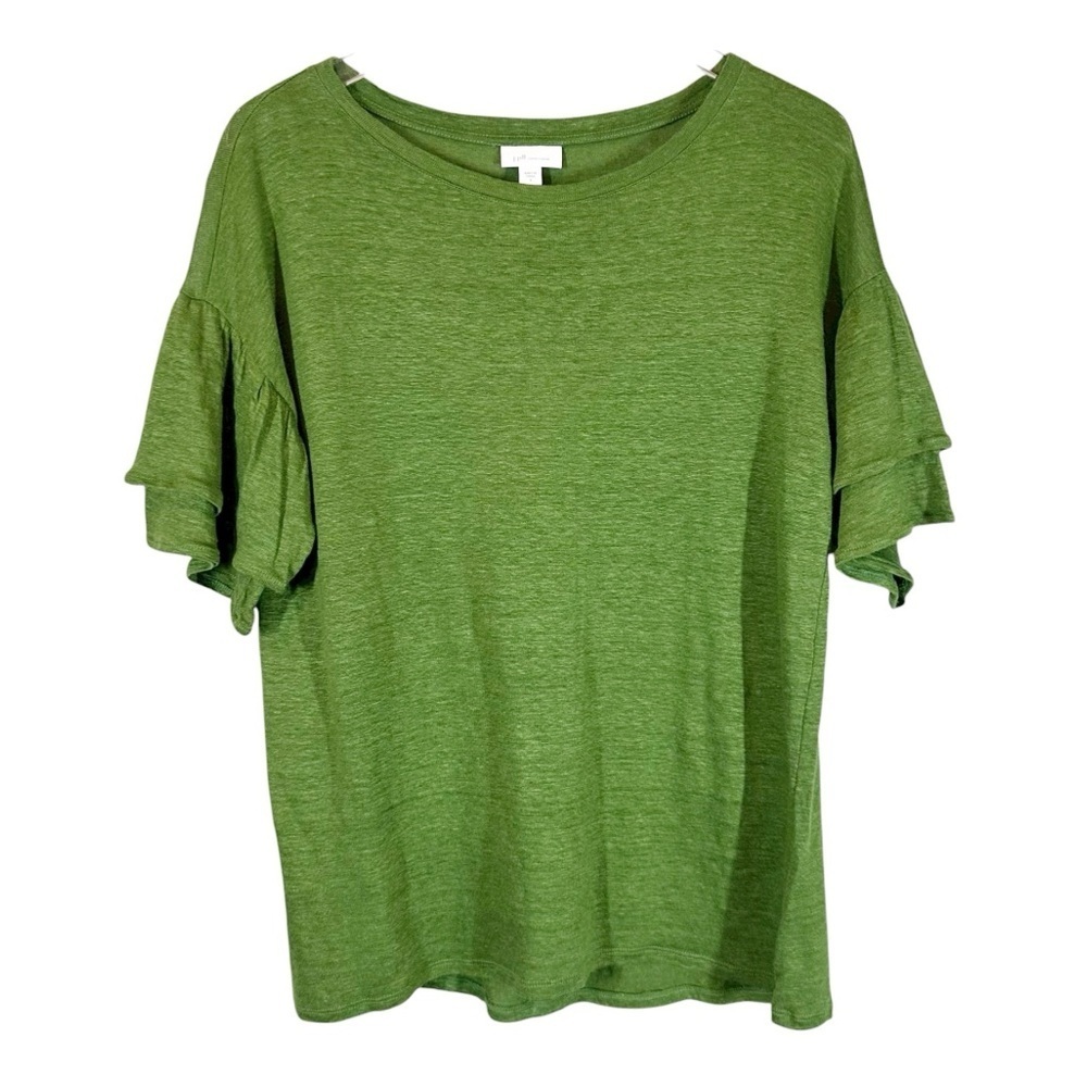J.JILL Women's Small Green Love Linen Short Sleeve Blouse Ruffle Sleeve